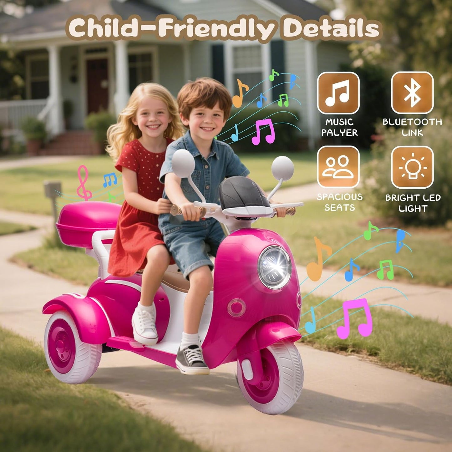 Track Seven 12V Ride on Motorcycle, 2-Seater Electric Motorcycle with Dual Motor, 3 Wheels Motorbike with Bluetooth, LED Lights, Storage Box, Front Hook, Ride on Toy Car for Boys Girls Aged 3+, Rose