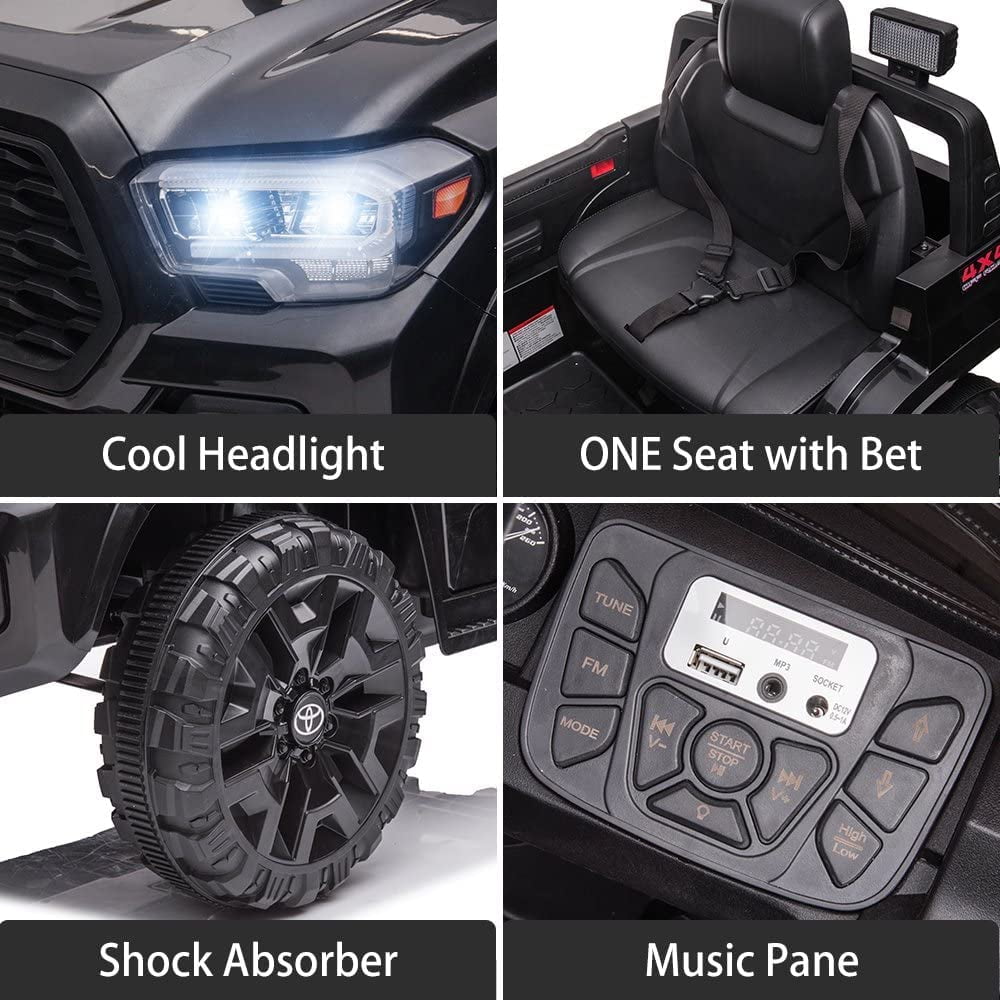 Track 7 Ride on Car with Remote Control, 12V Toyota Tacoma Electric Car for Boys Girls Age 3+, AUX/FM/USB, Storage Truck, Black