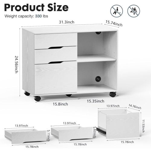 COOKCOK Mobile Wood Lateral File Cabinet with Wheels, Wood Storage Organizer with Drawers, Rolling Cabinet for Home Office, Printer Stand & Open Shelves, White