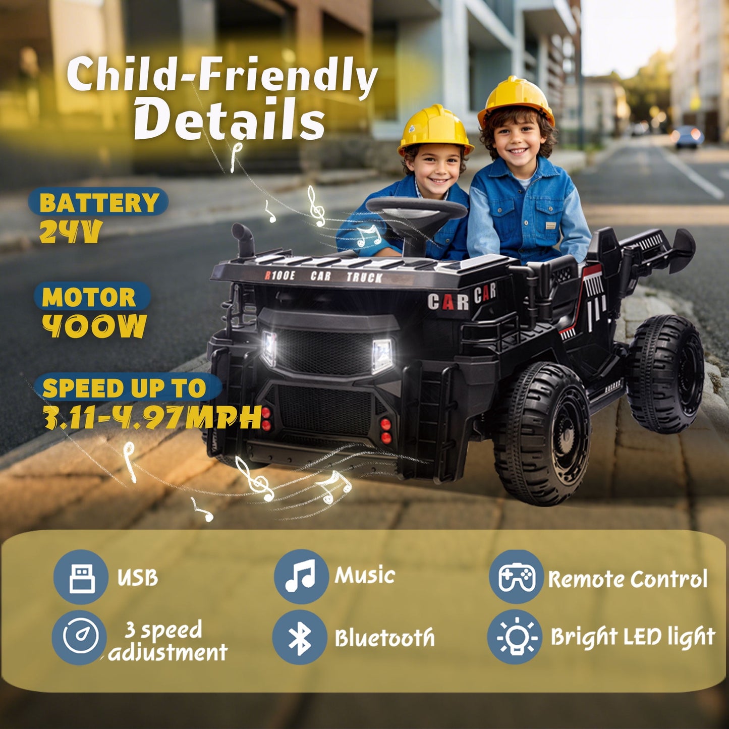 Track Seven 24V Ride on Car, 2-Seater Kids Ride on Dump Truck with E-Rear Dump, Remote, Bluetooth, LED Lights, 19.69" Width Seat, Max 5mph, 400W Motor, Electric Car for Boys Girls Age 3+, Black