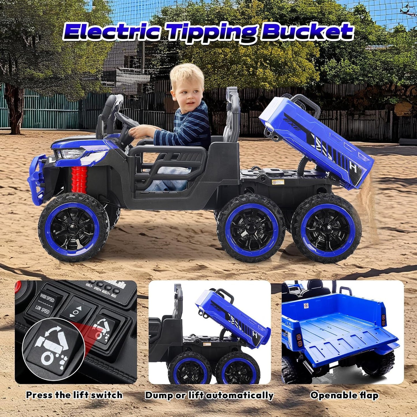 Track Seven 24V 2-Seater Ride on Dump Truck, 4WD 6-Wheel Kids Ride on Car w/Remote Control, Electric Dump Bed, Toy Shovel, Music, Max Speed 5 mph, 21" Large Seat, Ride on Toy for Kids Age 3+, Blue