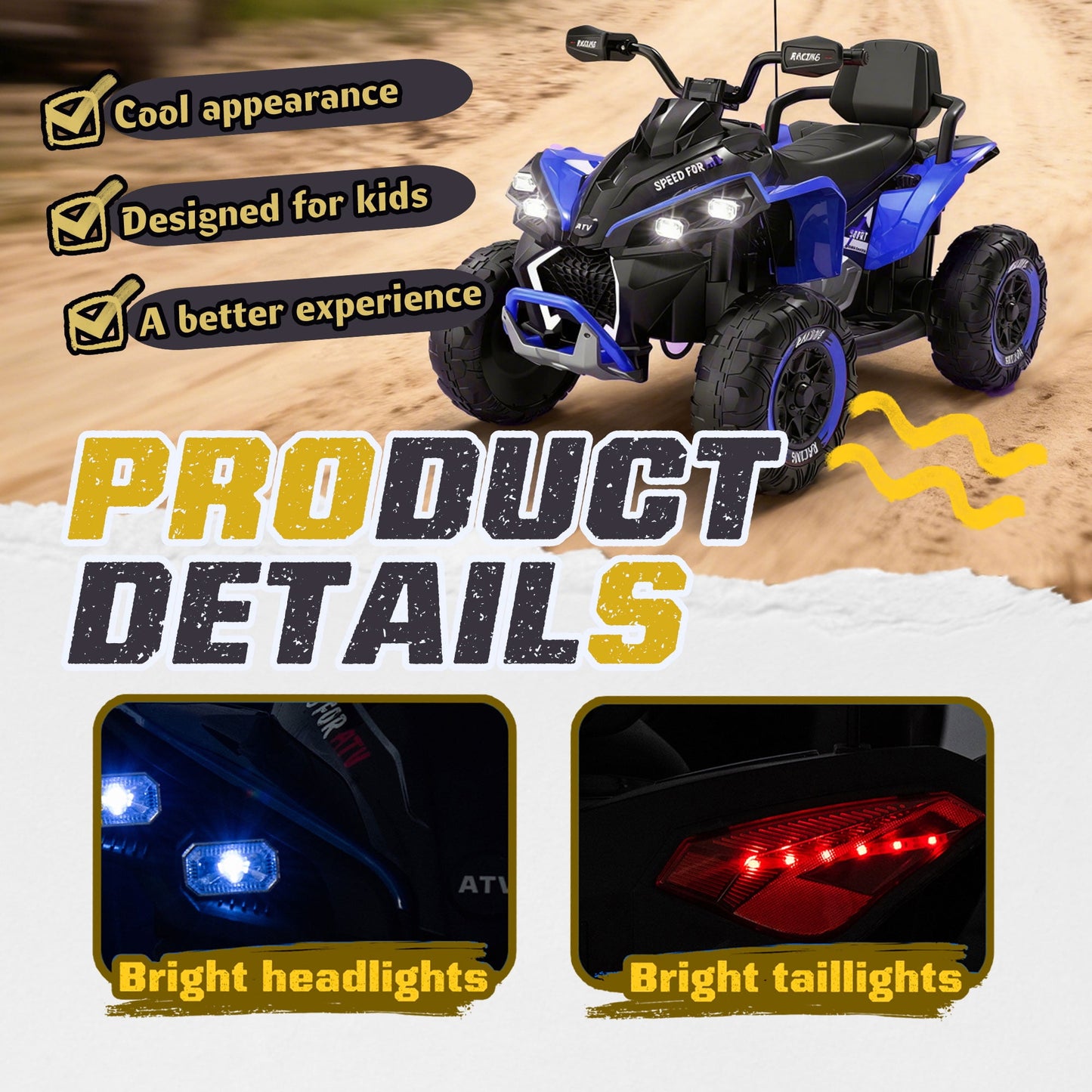 Track Seven 24V Kids Ride-On ATV, Four Wheeler Quad Electric Car with Remote, 2 Speeds, Bluetooth, LED Light, English Storytelling, Shock Absorber, Kids Electric ATV for Boys Girls Aged 3+, Blue
