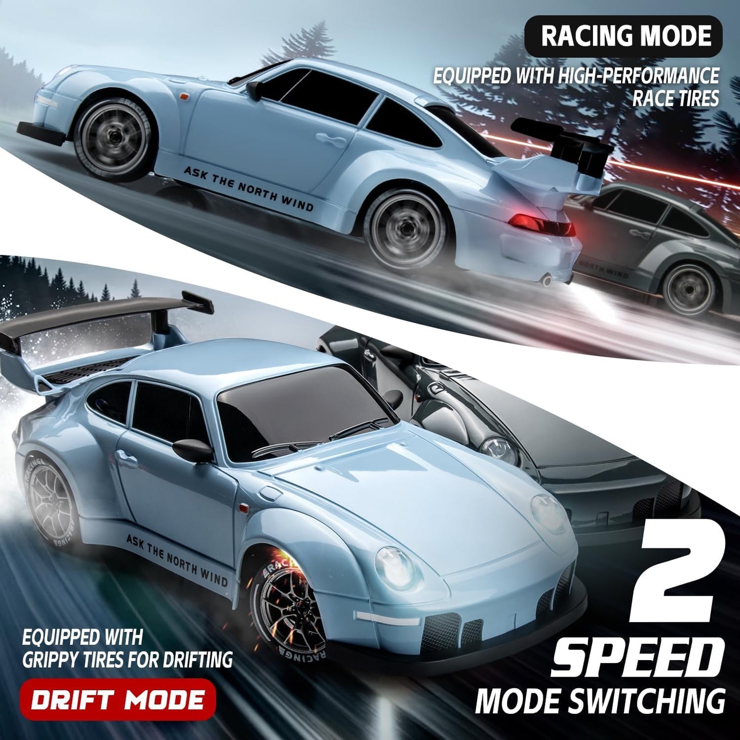 Track Seven RC Drift Car, 1:24 Scale Remote Control Vehicle with LED Lights, 2.4GHz 20KM/H 4WD High Speed RC Cars, Drifting Tires&Two Batteries, Racing Sports Toy Idea Gift for Adults Boys Girls