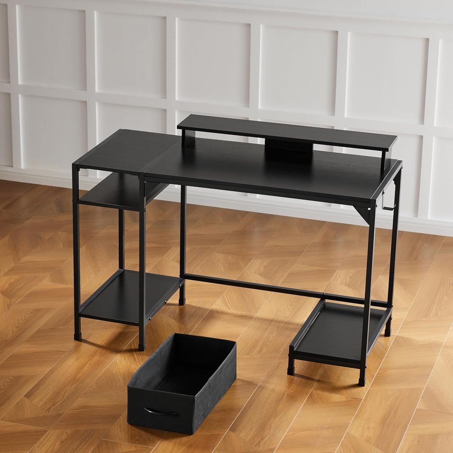 COOKCOK 47 inch Computer Desk, Office Desk with a Monitor Stand and Fabric Drawer, Writing Gaming Table with Shelves and 2 Hooks for Home Office, Black