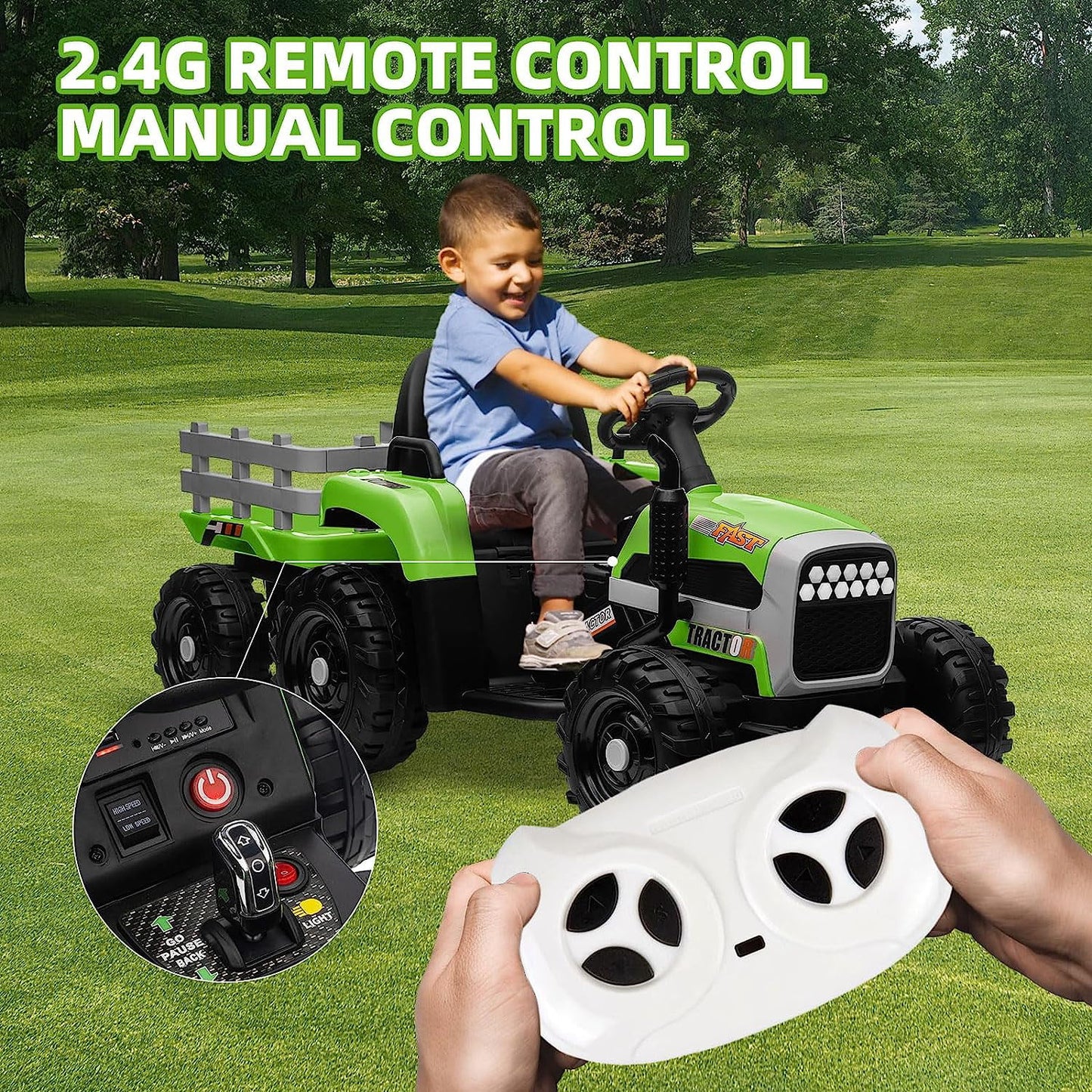 Track Seven 24V Ride on Tractor with Trailer, 400W Motor, 6-Wheels Ride on Truck Car with Remote Control, Music, Lights, Electric Tractor Max Speed 5 mph, Green