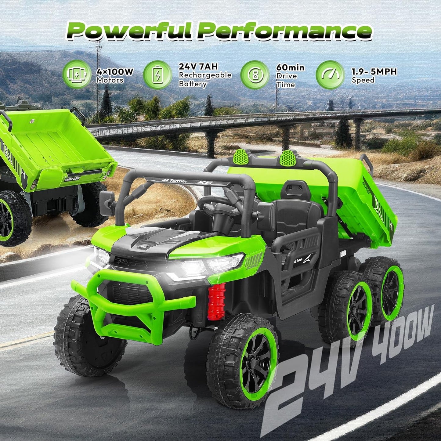 Track Seven 24V 2-Seater Ride on Dump Truck, 4WD 6-Wheel Kids Ride on Car w/Remote Control, Electric Dump Bed, Toy Shovel, Music, Max Speed 5 mph, 21" Large Seat, Ride on Toy for Kids Age 3+, Green