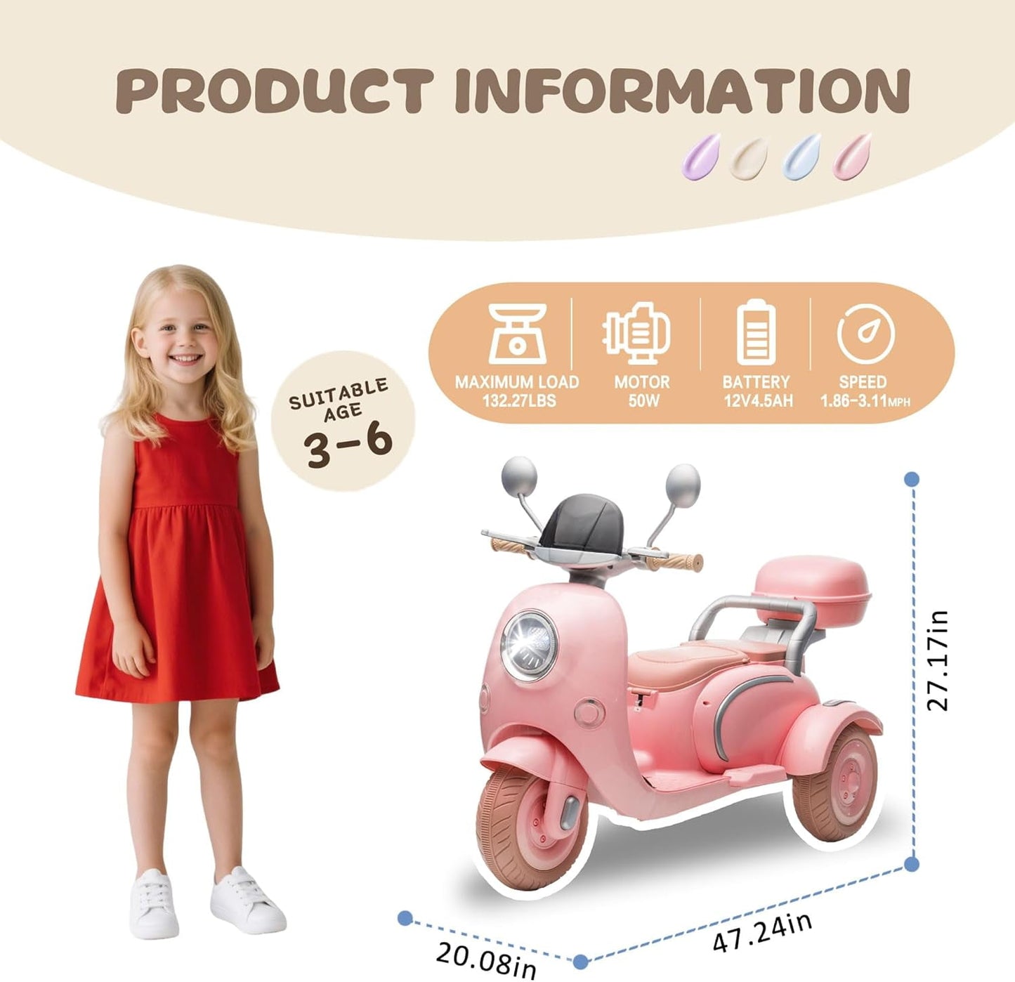 Track Seven 12V Ride on Motorcycle, 2-Seater Electric Motorcycle with Dual Motor, 3 Wheels Motorbike with Bluetooth, LED Lights, Storage Box, Front Hook, Ride on Toy Car for Boys Girls Aged 3+, Pink