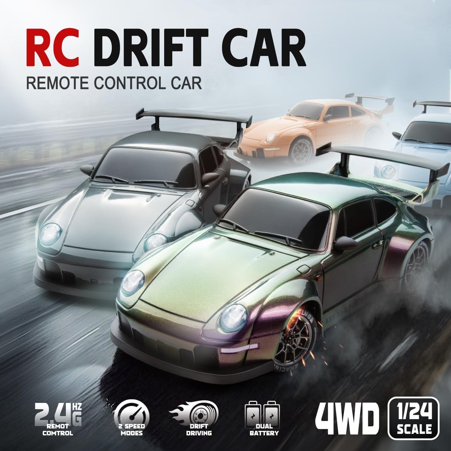 Track Seven RC Drift Car, 1:24 Scale Remote Control Vehicle with LED Lights, 2.4GHz 20KM/H 4WD High Speed RC Cars, Drifting Tires&Two Batteries, Racing Sports Toy Idea Gift for Adults Boys Girls