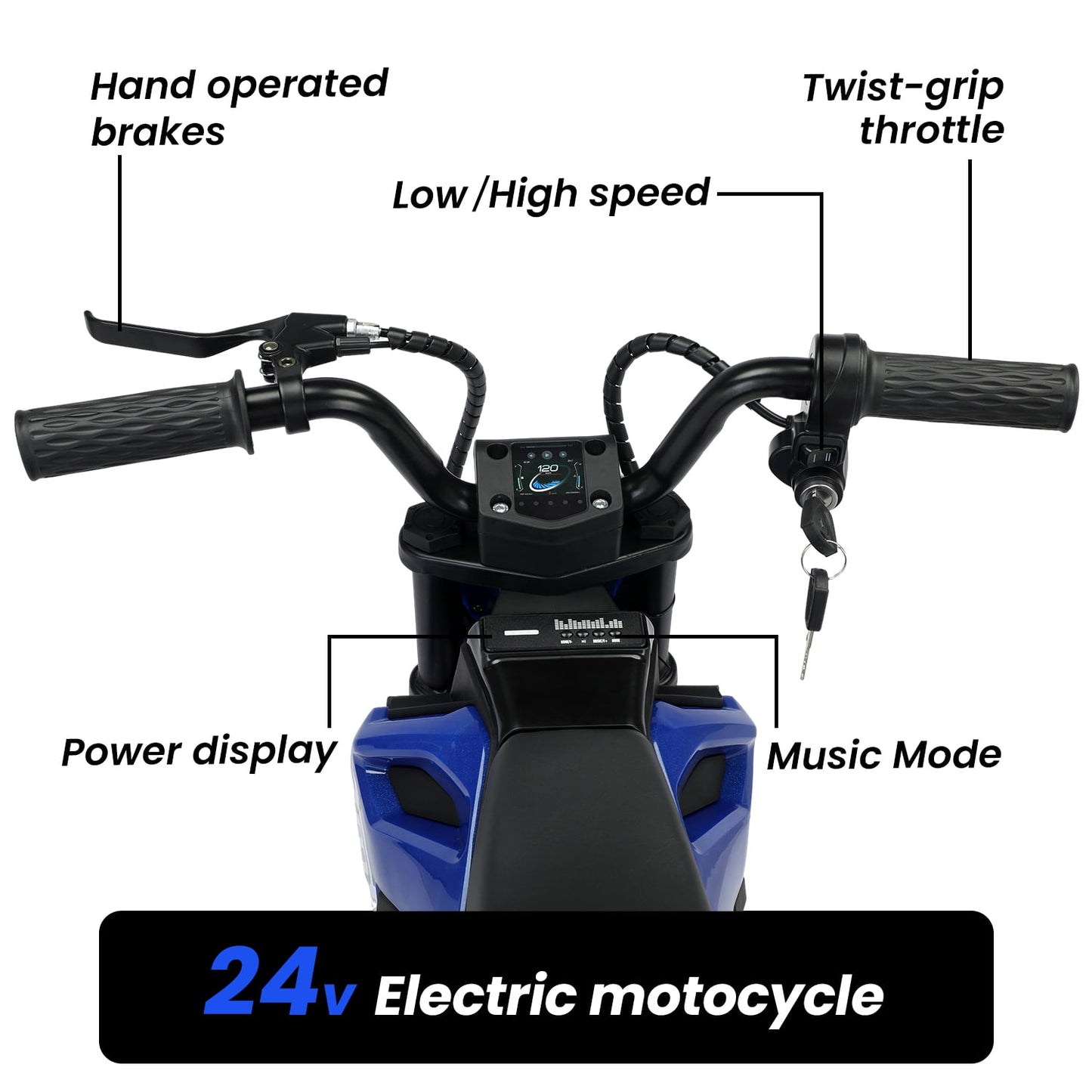 Track Seven 24V Electric Dirt Bike, 200W Motocross Ride on Motorcycle with Hand Operated Brakes, Adjustable Speed, LED Lamp, Music, Max Speed 10mph, Electric Motorcycle for Kids Age 5+, Blue