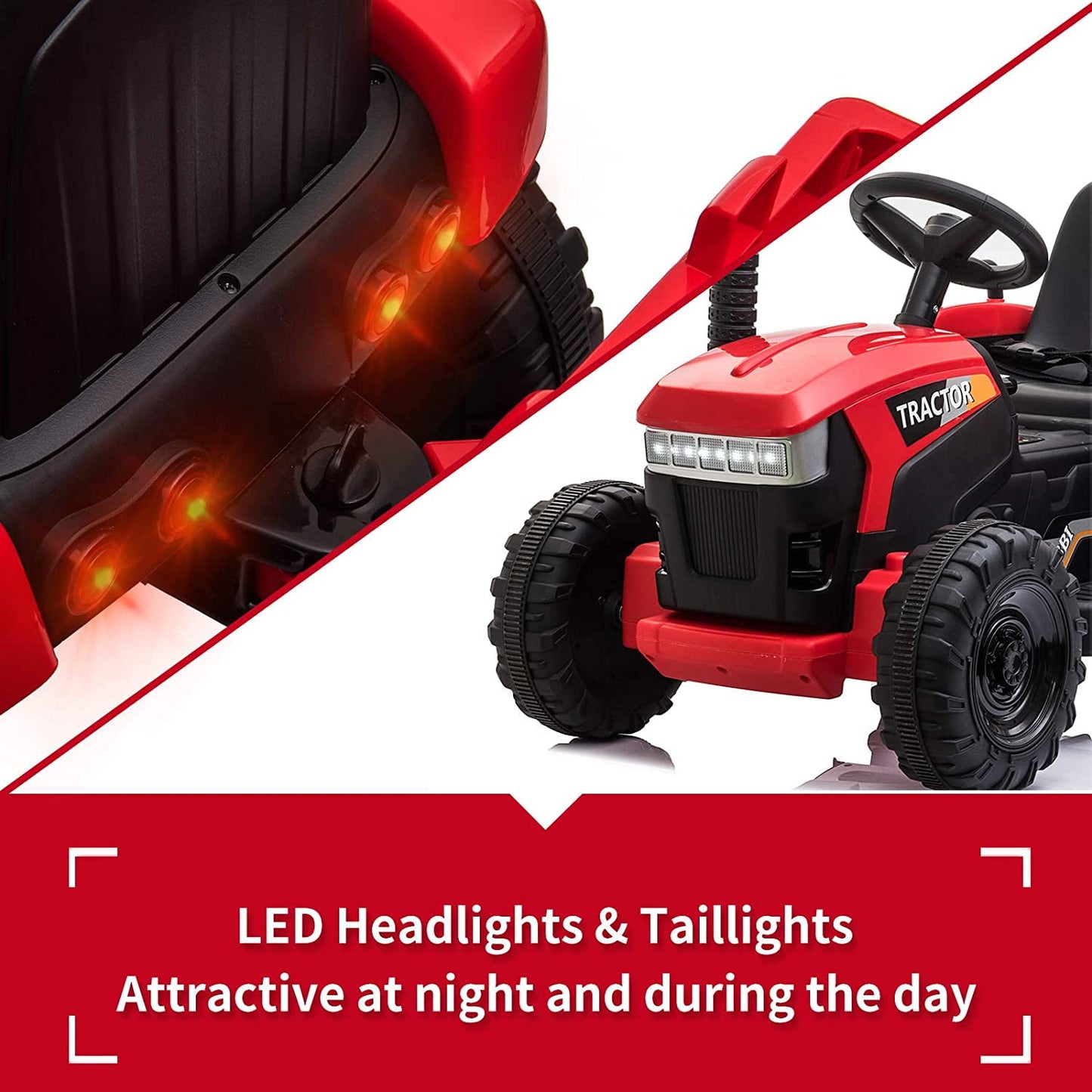 LISUEYNE 12V Ride on Tractor with Trailer, Electric Car with Music, USB, LED Lights, Ride on Car for Kids Age 3-6 Years, Max Speed 5mph, Red