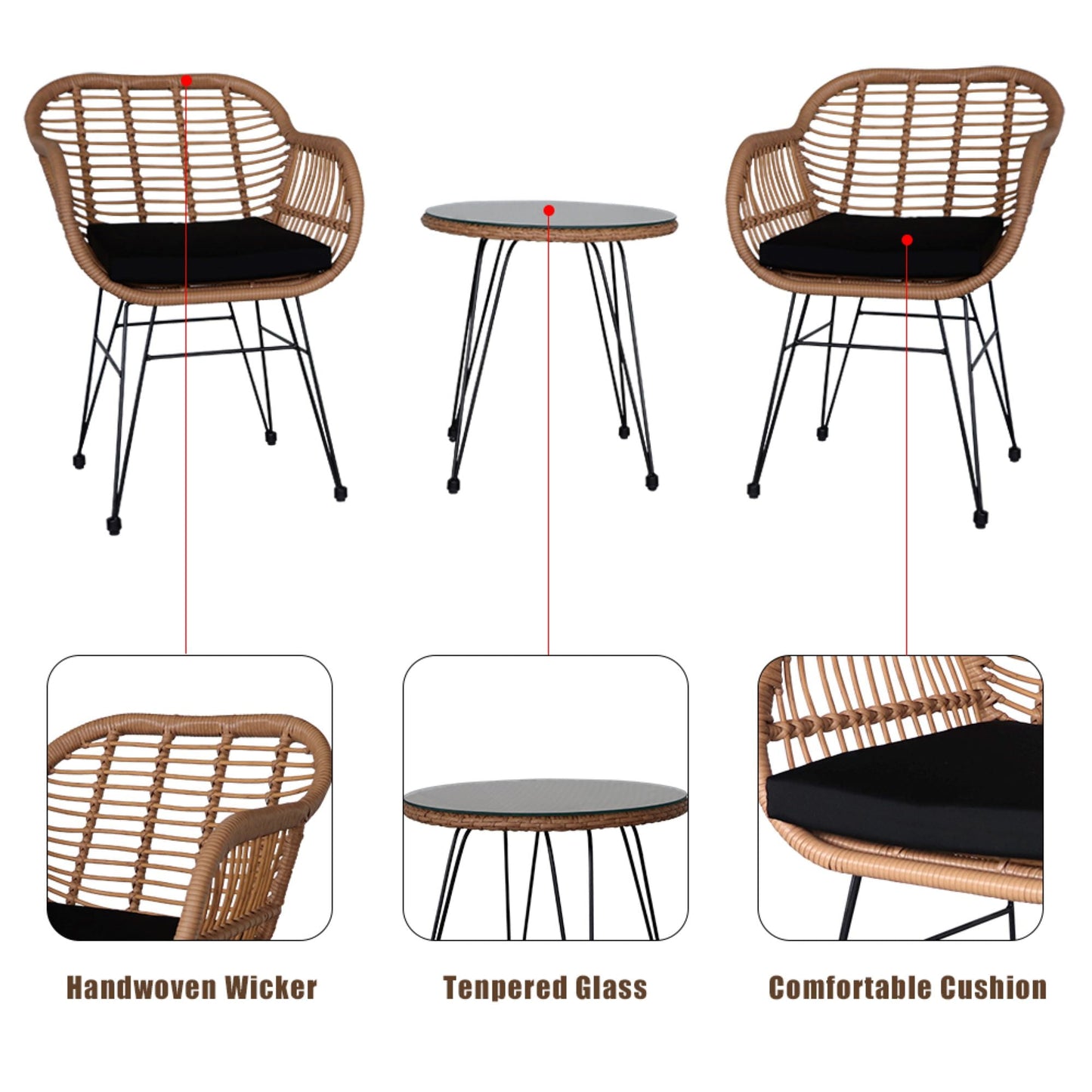 COOKCOK 3 Pcs Wicker Rattan Patio Conversation Set, Handmade Set with Cushions, for Backyard, Yellow