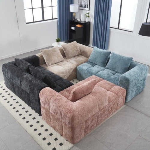 BISHE 37.5 in Modular Sectional Sofa with Chaise, Modern L-Shaped Cloud Couch, Easy Assembly, No Compression Damage, Chenille Upholstered, Deep Seat, Includes Throw Pillows, Black