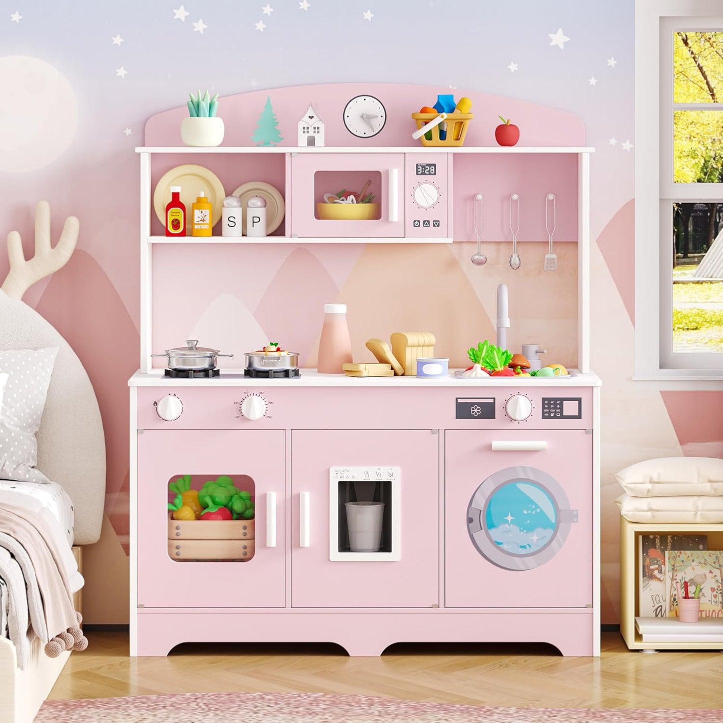 Track Seven Play Kitchen for Kids, Wooden Kids Kitchen Playset with Storage and Realistic Details, Pretend Play Kitchen Set with Ice Maker, Clicking Knobs, Sink, Washing Machine For Toddlers Ages 3+