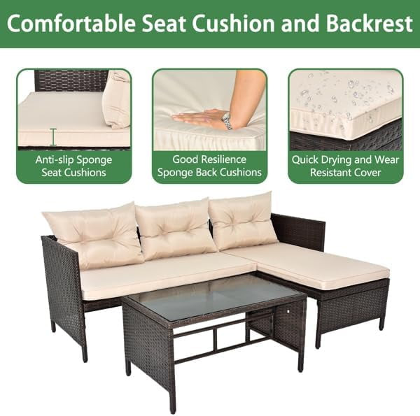 COOKCOK 3 Piece Patio Furniture Set, Outdoor PE Wicker Sectional Conversation Sofa Chair with Coffee Table & Khaki Cushion, Rattan Couch Sofa with Coffee Table, Beige