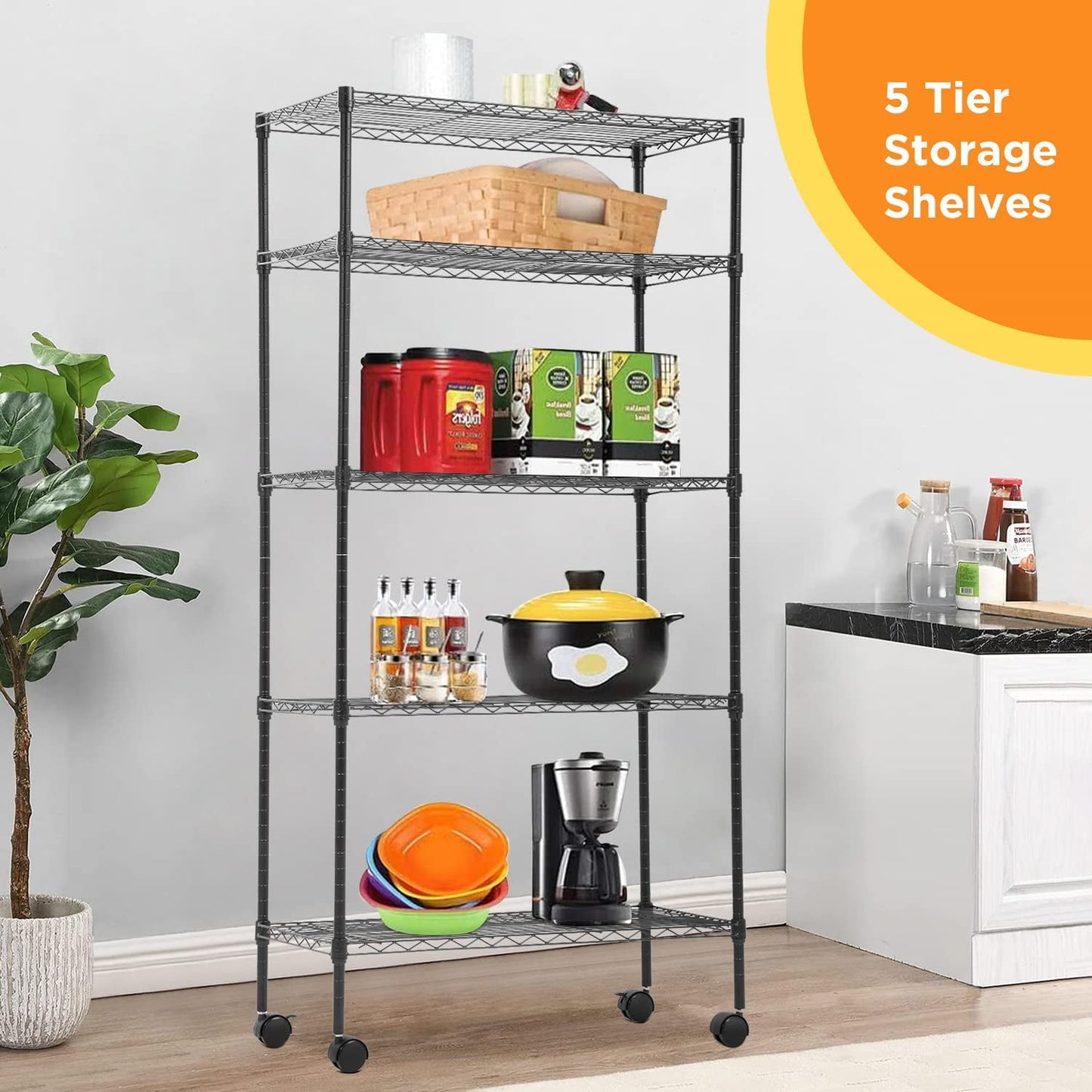 COOKCOK 5-Tier Wire Shelving with Wheels, 35.4"x 13.8"x 65" Heavy Duty Shelf, Height Adjustable Rolling Metal Shelves for Storage, 750lbs Capacity, Black
