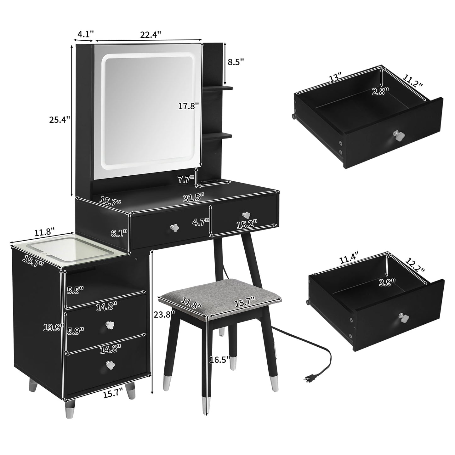 COOKCOK Vanity Desk, Vanity Mirror with Lights and Table Set with 4 Drawers, Vanity Set with Stool and Power Outlet, 3 Lighting Modes Brightness Adjustable for Bedroom Studio