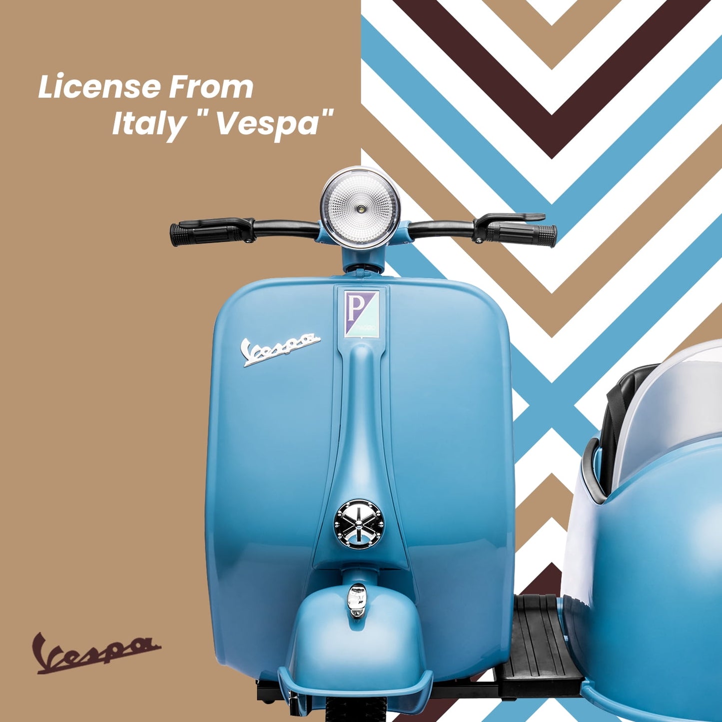 Track Seven 2-Seater Ride on Motorcycle, 12V Licensed Vespa Electric Motorcycle wth Side Car, 2-Seater Ride on Car, Music, Max Speed 4.8mph, Blue