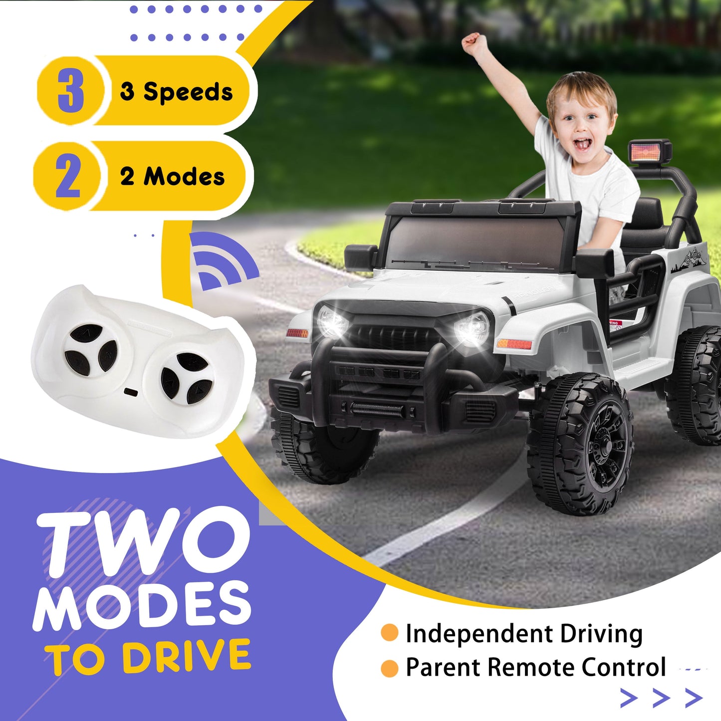 Track Seven 12V Kids Ride on Truck, Electric Car with Remote Control, Off-Road Truck for Boys Girls age 3+, Music, Bluetooth, Spring Suspension with DIY Stickers, White
