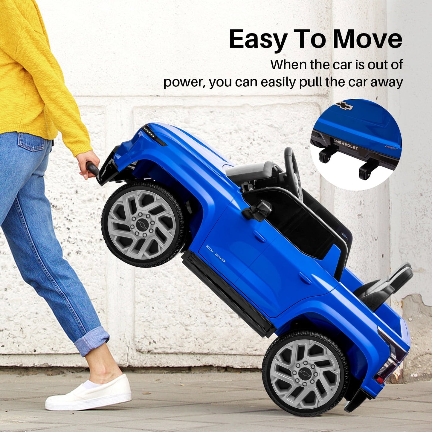Track Seven 24V Ride on Car, Licensed Chevrolet Silverado Electric Car Truck with Remote Control, Bluetooth, LED Lights, Power Display, Rear Storage Ride on Toy Car for Boys Girls Age 3+, Blue