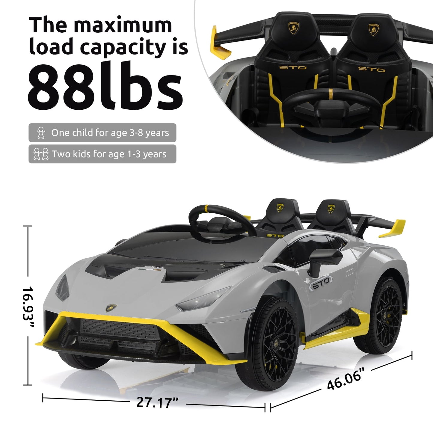 LISUEYNE 24V Licensed Lamborghini STO Ride on Car, Drift Electric Car for Boys Girls Age 3+, Remote Control, Music, Max Speed 6mph, Grey