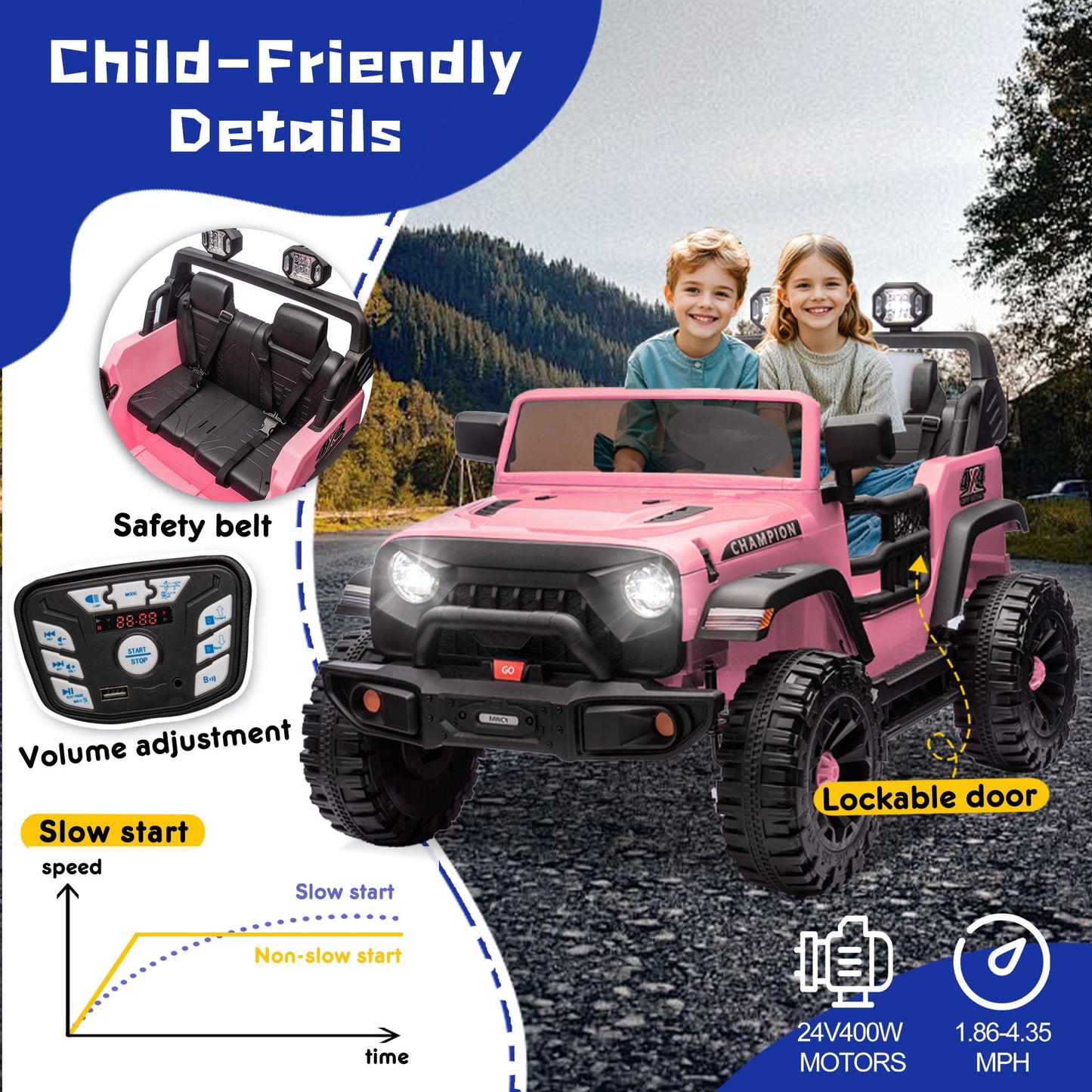 Track Seven 24V Ride on Truck, 2 Seater Ride On Toy Car for Big Kids, 19.7" Large Wide Seat, 4WD Electric Truck Car with Music, Bluetooth, Light and Searchlight, Max Speed 4.35 mph, Pink