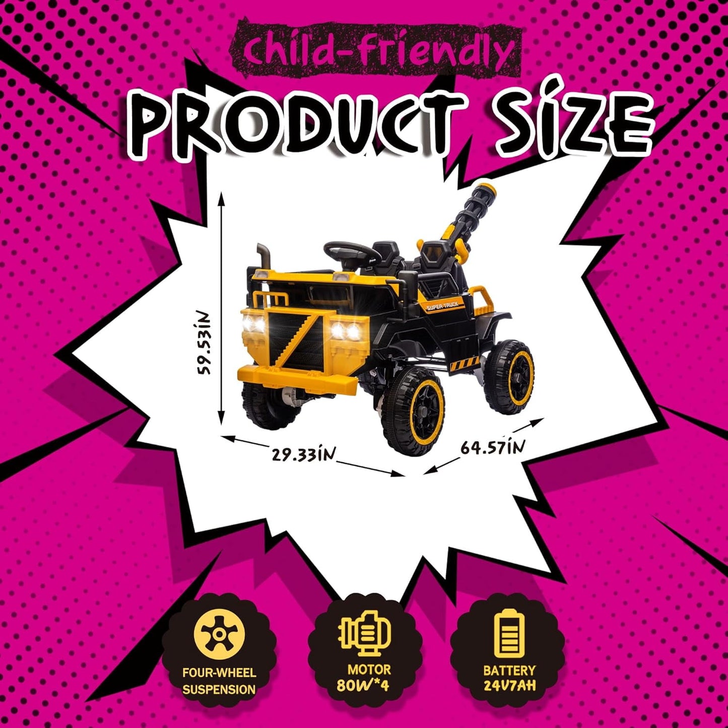 Track Seven 24V Ride on Car, 3-Seater Elecric car with Water Gun, Bluetooth, Remote Control, LED Lights, 2WD/4WD, Off-Road Truck for Boys Girls Age 3+, Yellow