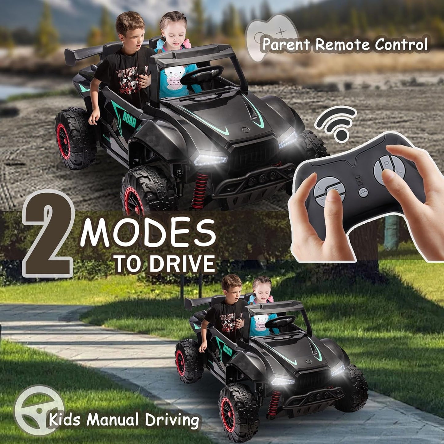 Track Seven 24V 2-Seater Ride on Car, Kids Electric Car with Remote Control, 20.4" Extra Width Seat, Bluetooth, Power Display, 24V Ride on Truck for Boys Girls Age 3+, Max Speed 6.21 mph, Black