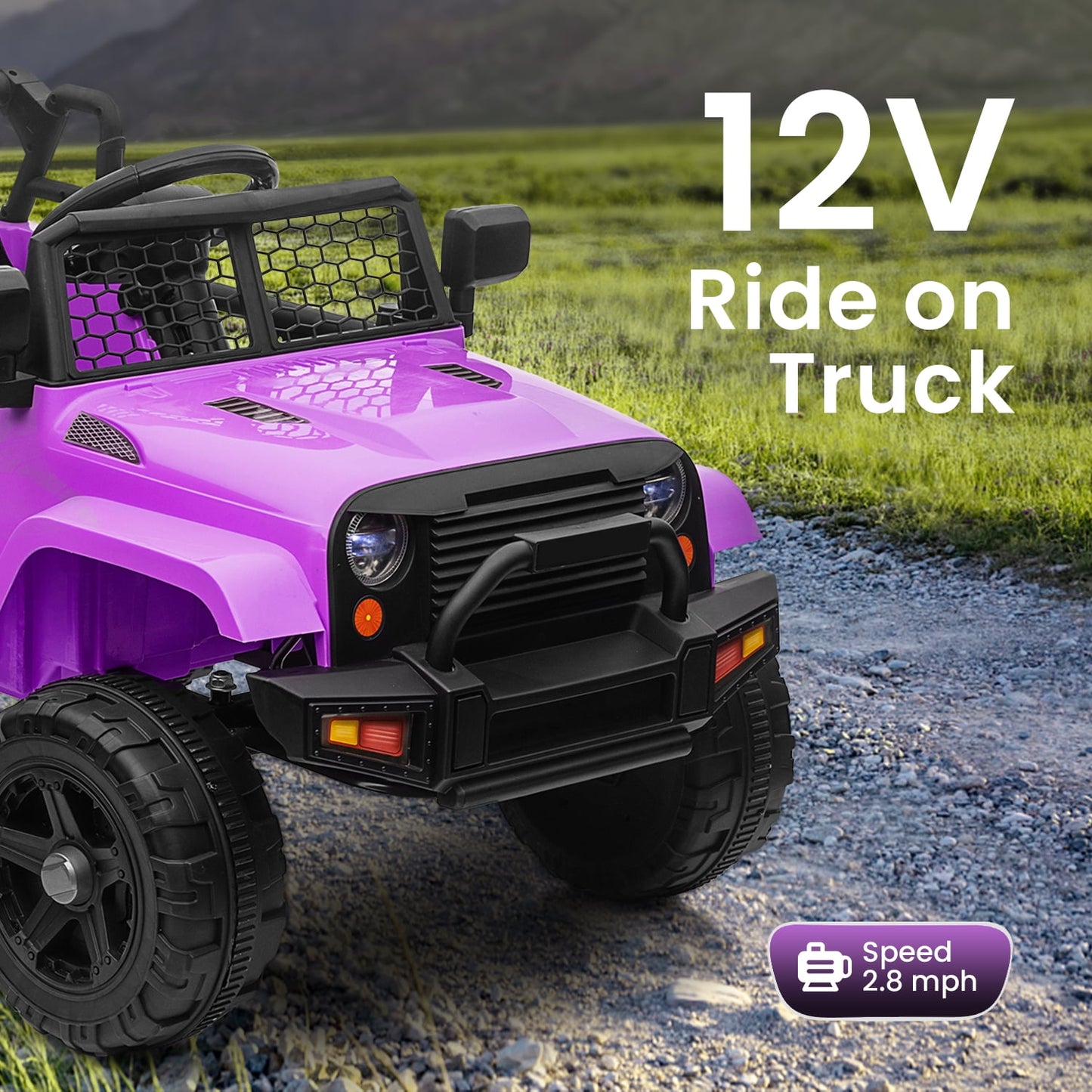 Track Seven Kids Ride on Truck, 12V Electric Car for Boys Girls Age 3+, Music, Ride on Car with Remote Control, Purple
