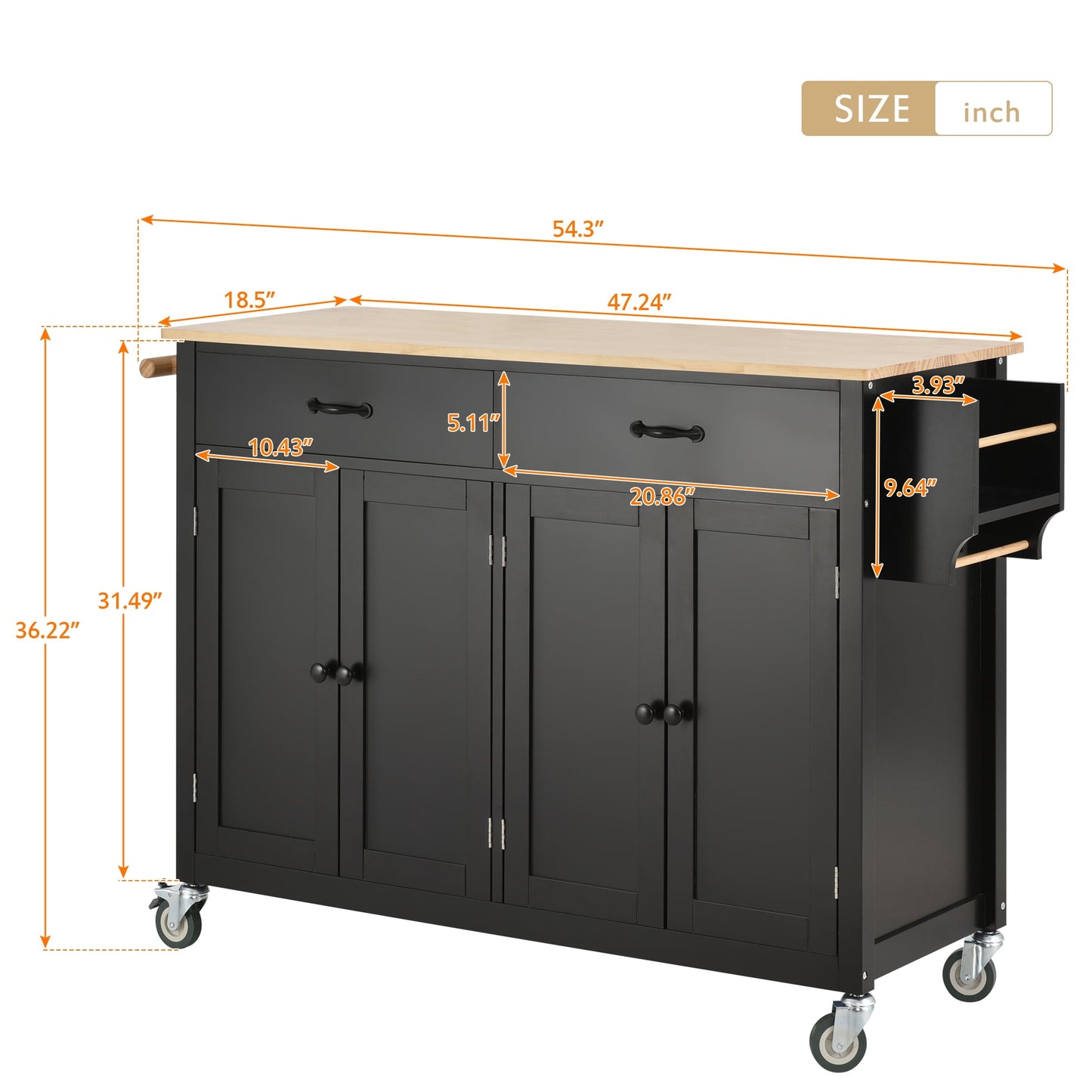 COOKCOK Kitchen Island Cart, Rolling Mobile Kitchen Island Cart with Wood Top and Locking Wheels, Storage Utility Cart with 4 Door Cabinet and Two Drawers, Spice Rack, Towel Rack, Black