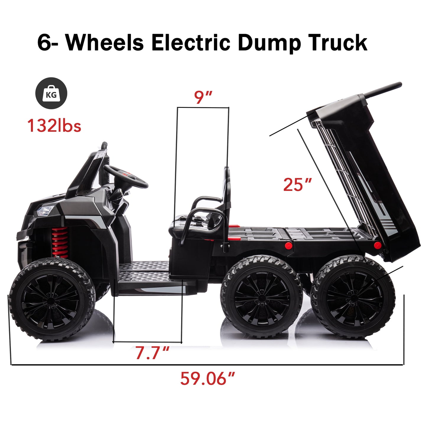 Track Seven 24V Ride on Car, 2-Seater Ride On Dump Truck, 6 Wheels Electric Car with Remote Control, Music, Shift Lever, off-Road Ride on UTV, Black