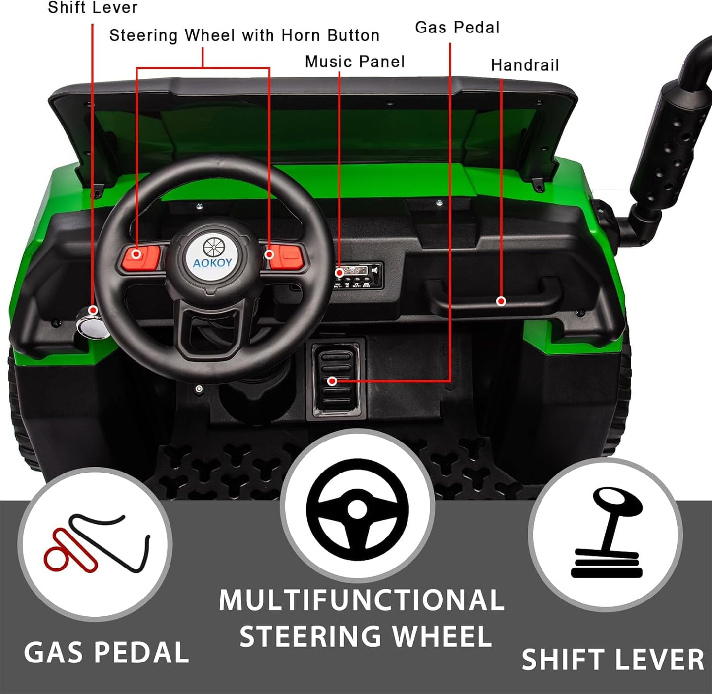 Track Seven 24V Ride on Car, 2-Seater Ride On Dump Truck, 6 Wheels Electric Car with Remote Control, Music, Shift Lever, off-Road Ride on UTV, Green