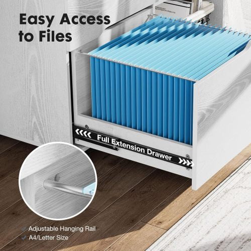 COOKCOK Mobile Wood Lateral File Cabinet with Wheels, Wood Storage Organizer with Drawers, Rolling Cabinet for Home Office, Printer Stand & Open Shelves, White