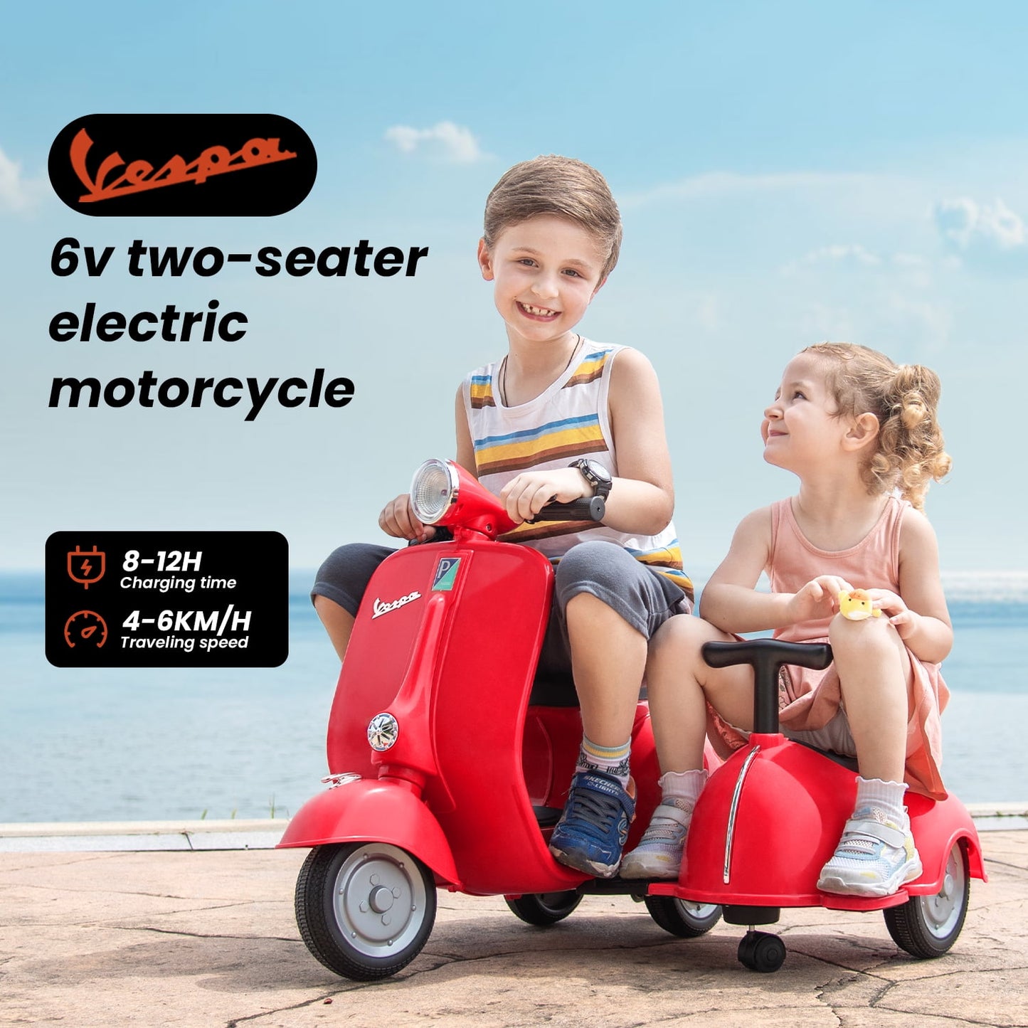 Track Seven Licensed Vespa Ride on Motorcycle with Side Car, 2-Seater Electric Car with Music, Storage Bin, Max Speed 3.7mph, Red