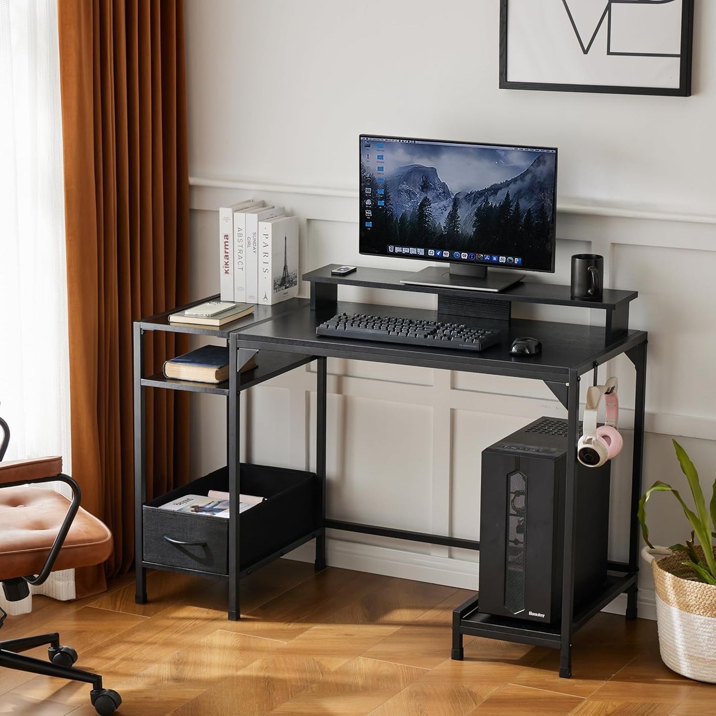 COOKCOK 47 inch Computer Desk, Office Desk with a Monitor Stand and Fabric Drawer, Writing Gaming Table with Shelves and 2 Hooks for Home Office, Black