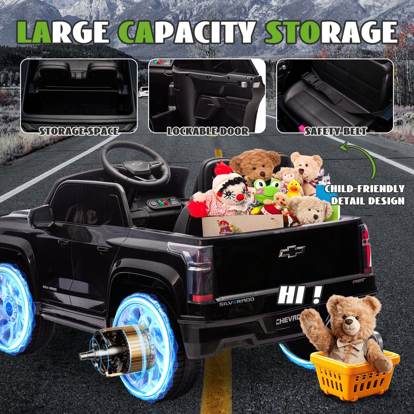 Track Seven 24V Ride on Car, Licensed Chevrolet Silverado Electric Car Truck with Remote Control, Bluetooth, LED Lights, Power Display, Rear Storage Ride on Toy Car for Boys Girls Age 3+, Black
