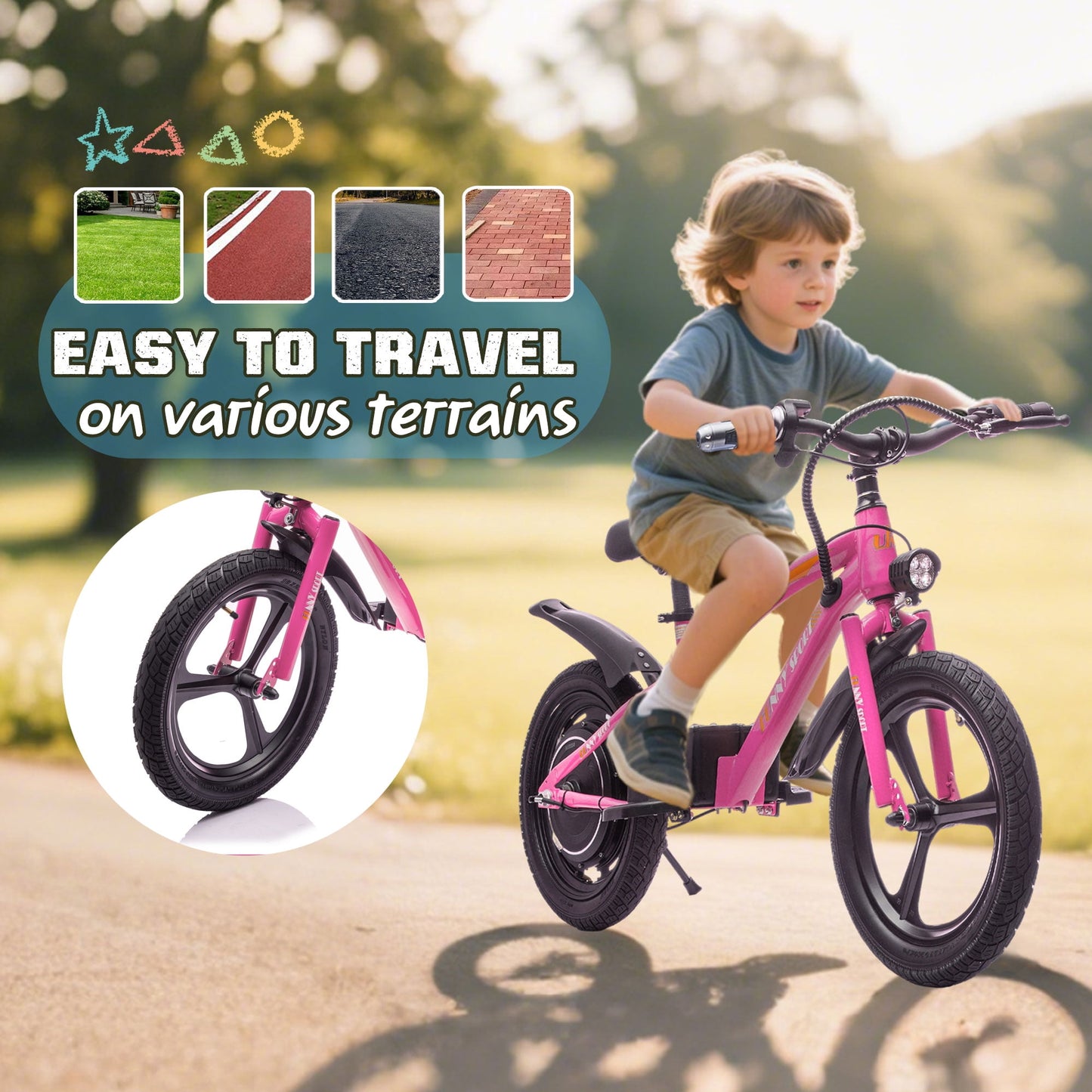 Track Seven 24V Kids Electric Dirt Bike, Ride on Mini Bike, 300W Super Power Motor, Up to 12.43 MPH, 16" Wheels, Adjustable Seat Height, Bright Headlight, Hand-Operated Brakes for Ages 5+, Pink