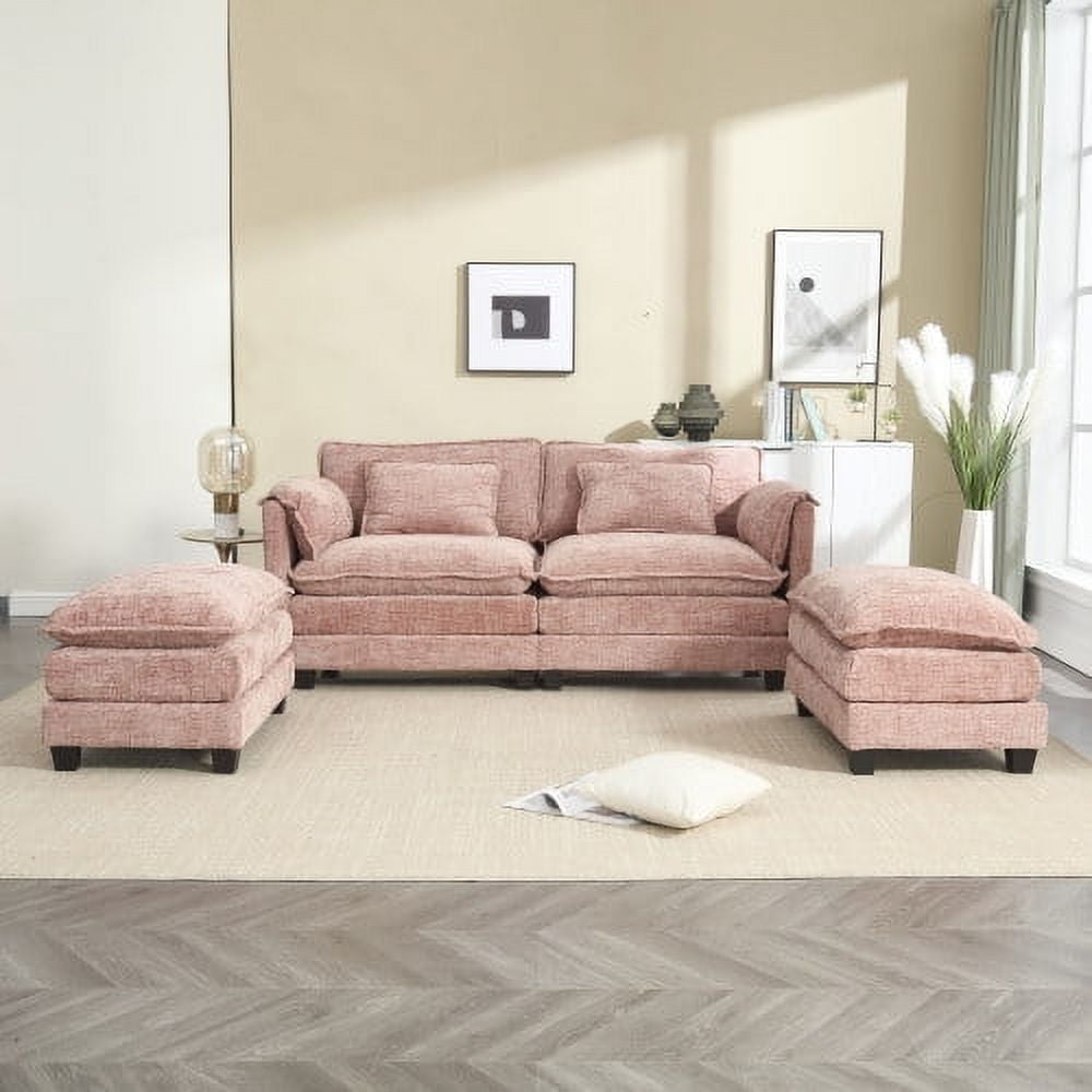 COOKCOK Deep Seat Loveseat with 2 Ottomans, Sectional Loveseat Couch Modular Sofa, Modern Double Layer Upholstered Loveseat Sofa, 2 Deep Seater Couch for Living Room, Gray