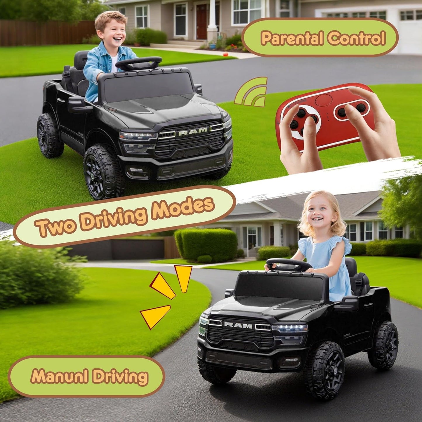 Track Seven 12V Ride on Car, Licensed Dodge RAM 3500 Ride On Truck with Remote Control, Rear Shock Suspension, LED Headlights, Low Battery Alarm, Bluetooth, Music, Ride on Toy for Kids Aged 3+, Black