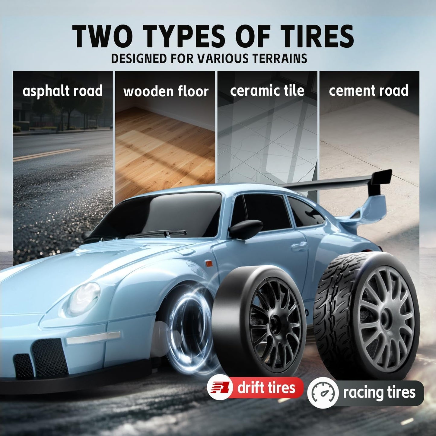 Track Seven RC Drift Car, 1:24 Scale Remote Control Vehicle with LED Lights, 2.4GHz 20KM/H 4WD High Speed RC Cars, Drifting Tires&Two Batteries, Racing Sports Toy Idea Gift for Adults Boys Girls