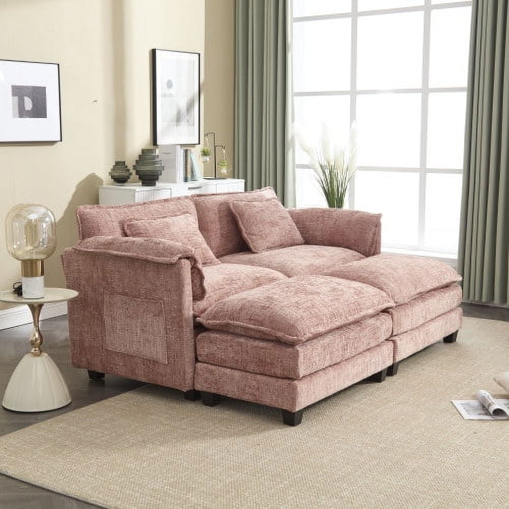 COOKCOK Deep Seat Loveseat with 2 Ottomans, Sectional Loveseat Couch Modular Sofa, Modern Double Layer Upholstered Loveseat Sofa, 2 Deep Seater Couch for Living Room, Gray