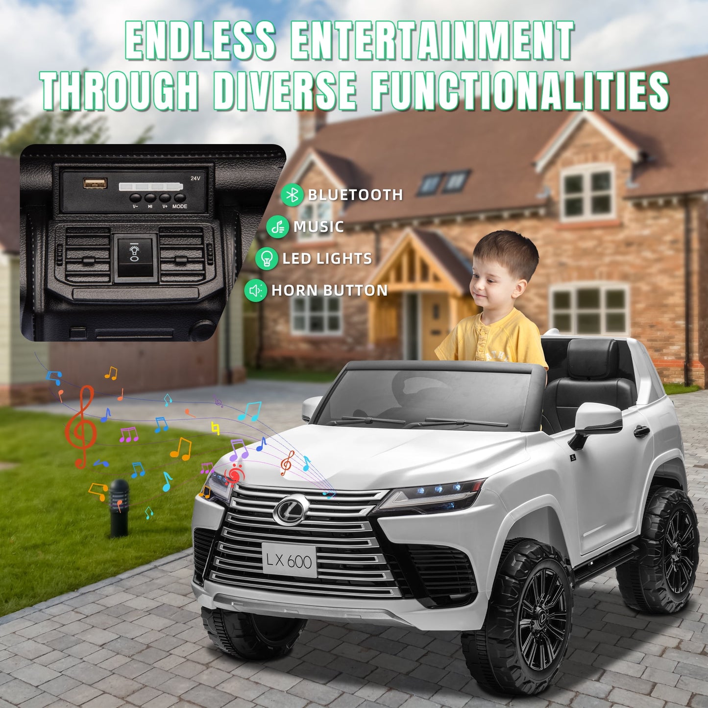 Track Seven 24V 2 Seater Ride on Car, Licensed LEXUS LX600 Electric Car with Remote, 20" Width Seat, Bluetooth, LED Lights, Key Start, Portable Handle, 24V Ride on for Boys Girls Age 3+, White