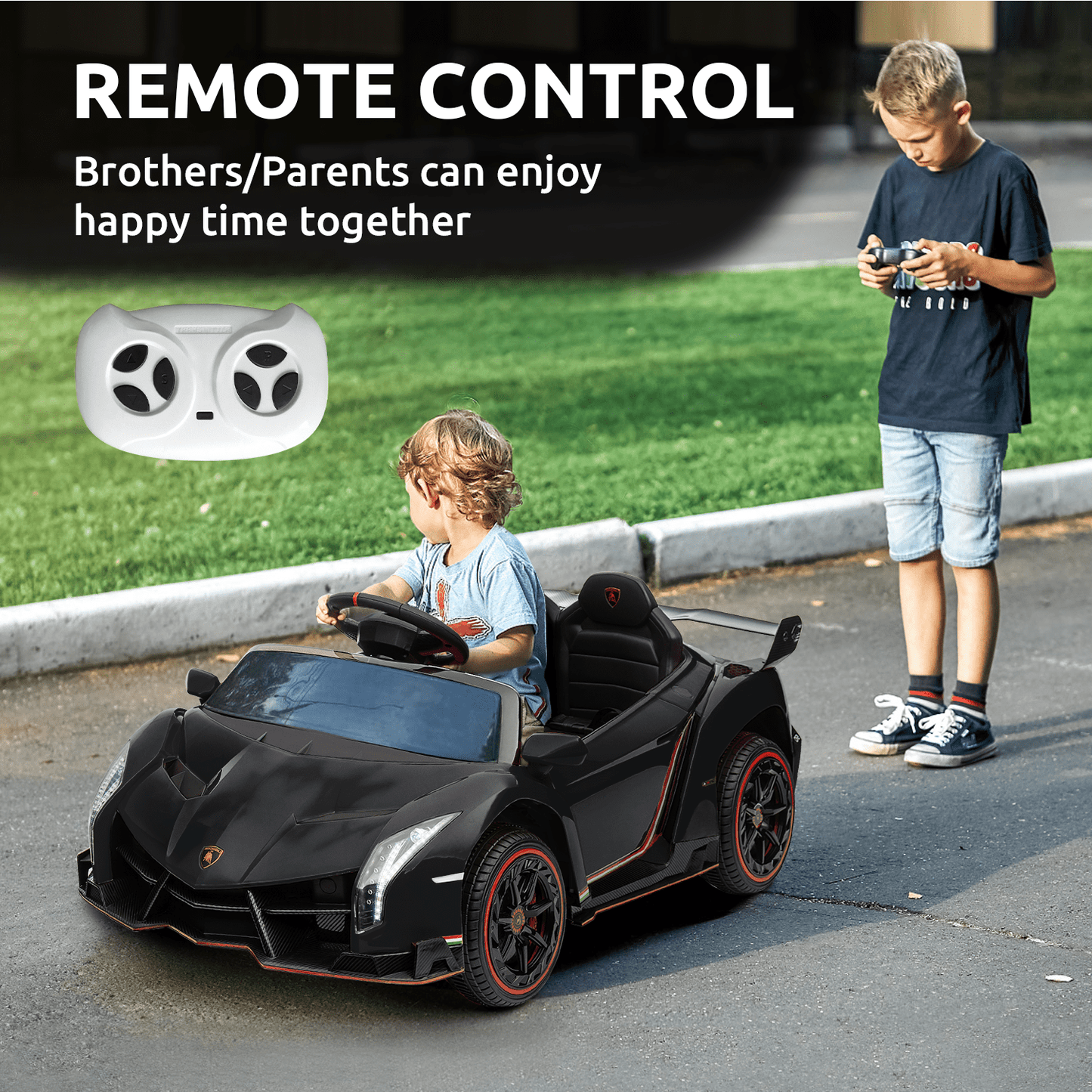 Track Seven 12V Kids Ride on Car, Licensed Lamborghini Veneno Electric Car with Remote Control, Music, Age 3+, Black