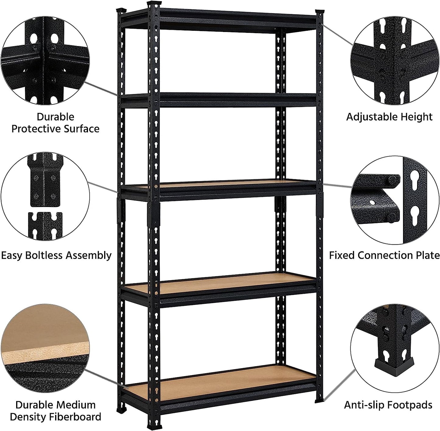 COOKCOK 5-Tier Storage Shelving Unit, 35.43"x 17.7"x 70.8" Metal Shelf, Height Adjustable, Heavy Duty Garage Shelves Metal Organizer Utility Rack, 1250lbs Capacity, Black