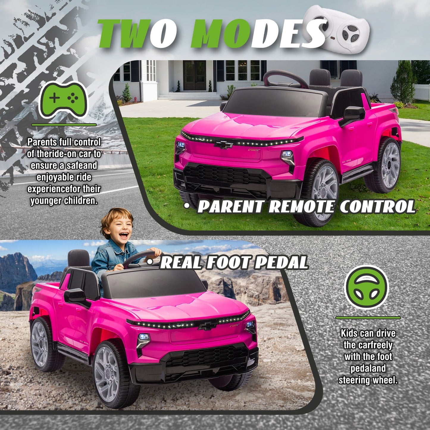 Track Seven 24V Ride on Car, Licensed Chevrolet Silverado Electric Car Truck with Remote Control, Bluetooth, LED Lights, Power Display, Rear Storage Ride on Toy Car for Boys Girls Age 3+, Pink