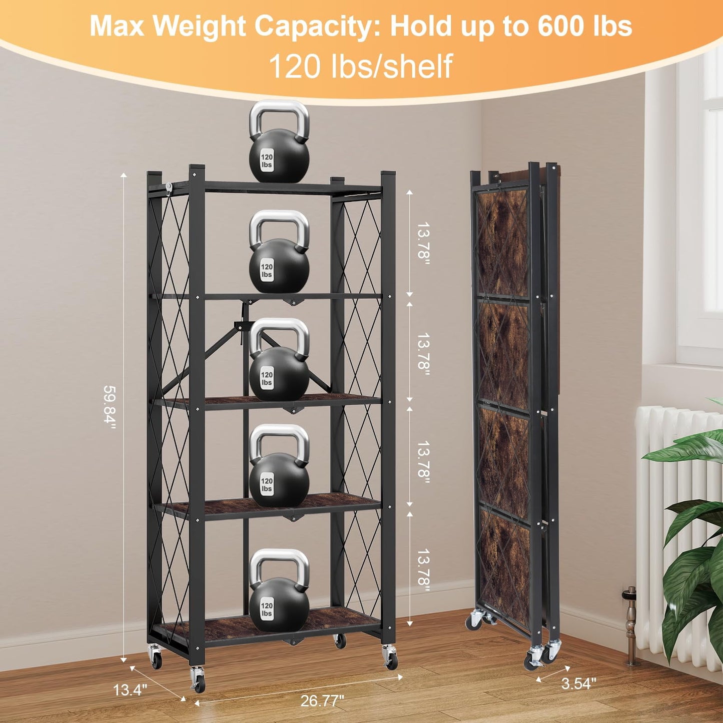 COOKCOK 5-Tier Storage Shelving Unit, Folding Bookshelf, Metal Shelf 27.9"x13.4"x62.5, Foldable Storage Shelf with Wheels, Garage Shelf, Kitchen Shelf, No Assemble Require, Black