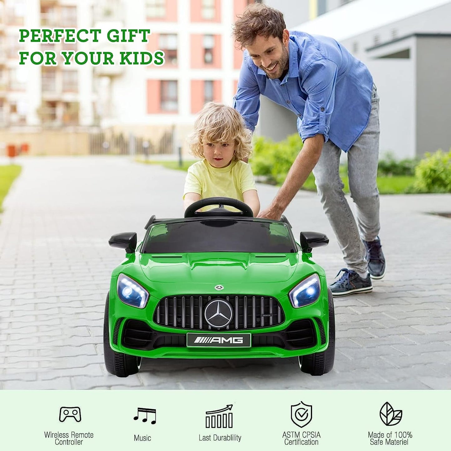 Track 7 Ride on Car with Remote Control, 12V Licensed Benz Electric Car for Kids Age 3+, AUX/FM/USB, Kids Ride on Toy Car, Green