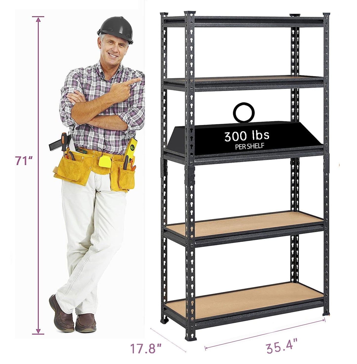 COOKCOK 5-Tier Storage Shelving Unit, 35.43"x 17.7"x 70.8" Metal Shelf, Height Adjustable, Heavy Duty Garage Shelves Metal Organizer Utility Rack, 1250lbs Capacity, Black