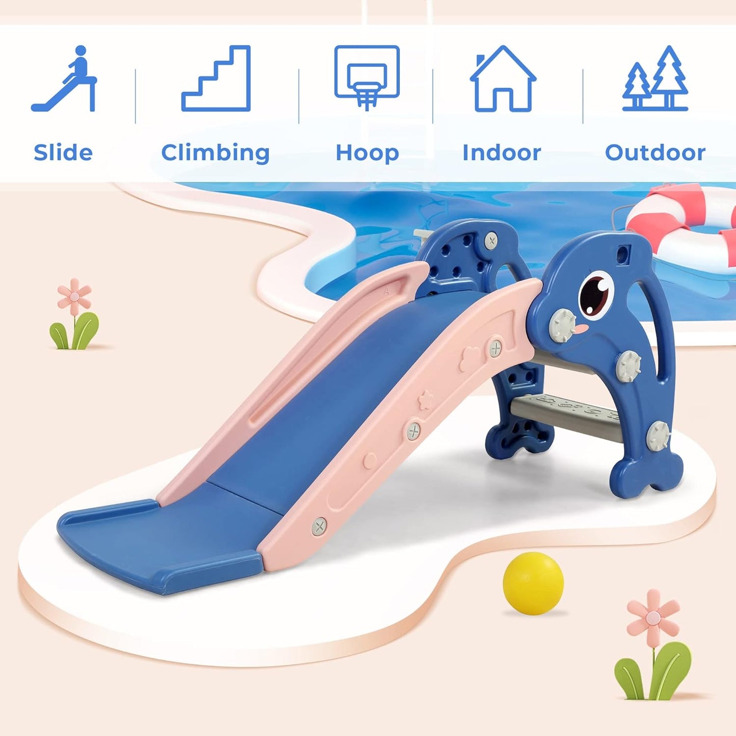Track Seven Toddler Slide Playset with Climber, Basketball Hoop & Ball - Indoor/Outdoor Playground for Kids,Pink