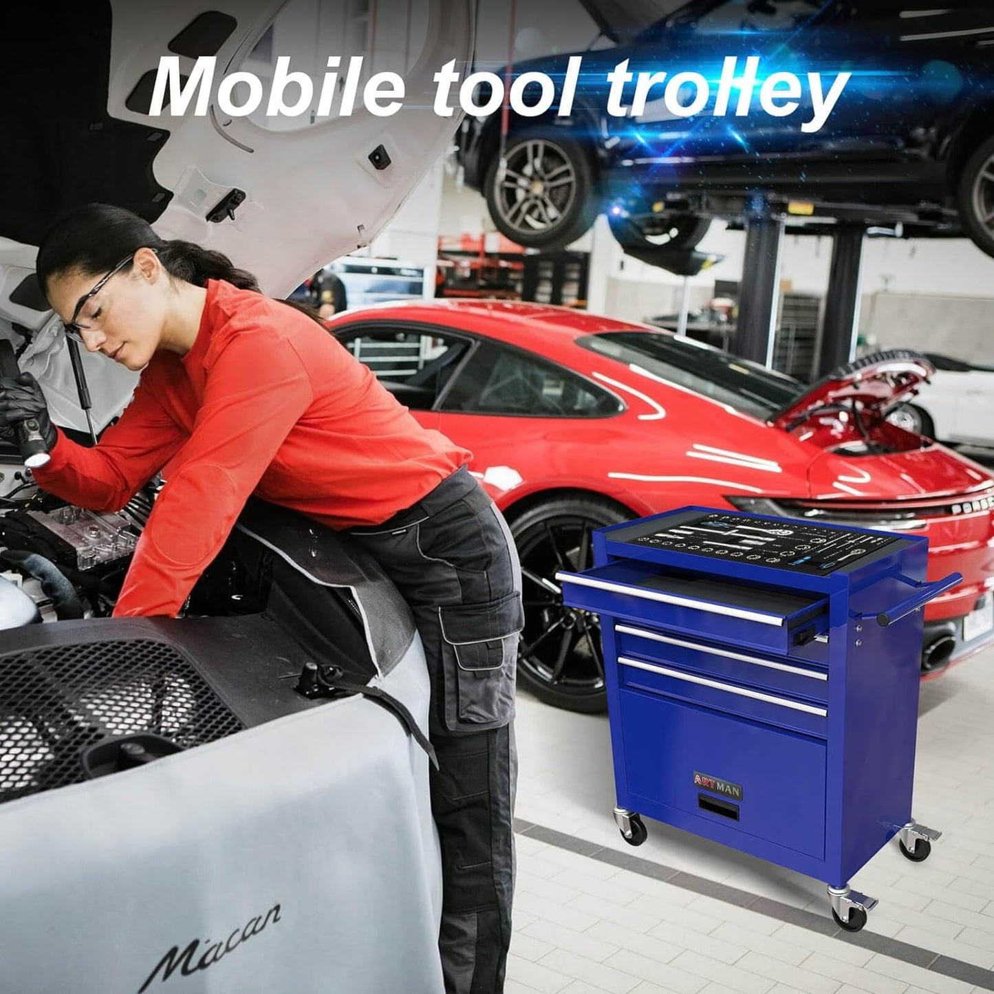 COOKCOK Tool Chest with 238 Piece Tool Set, 4-Drawer Tool Cabinet - Rolling Tool Cart On Wheels for Mechanics Heavy-Duty Metal Tool Box Storage Cabinets for Garage, Blue