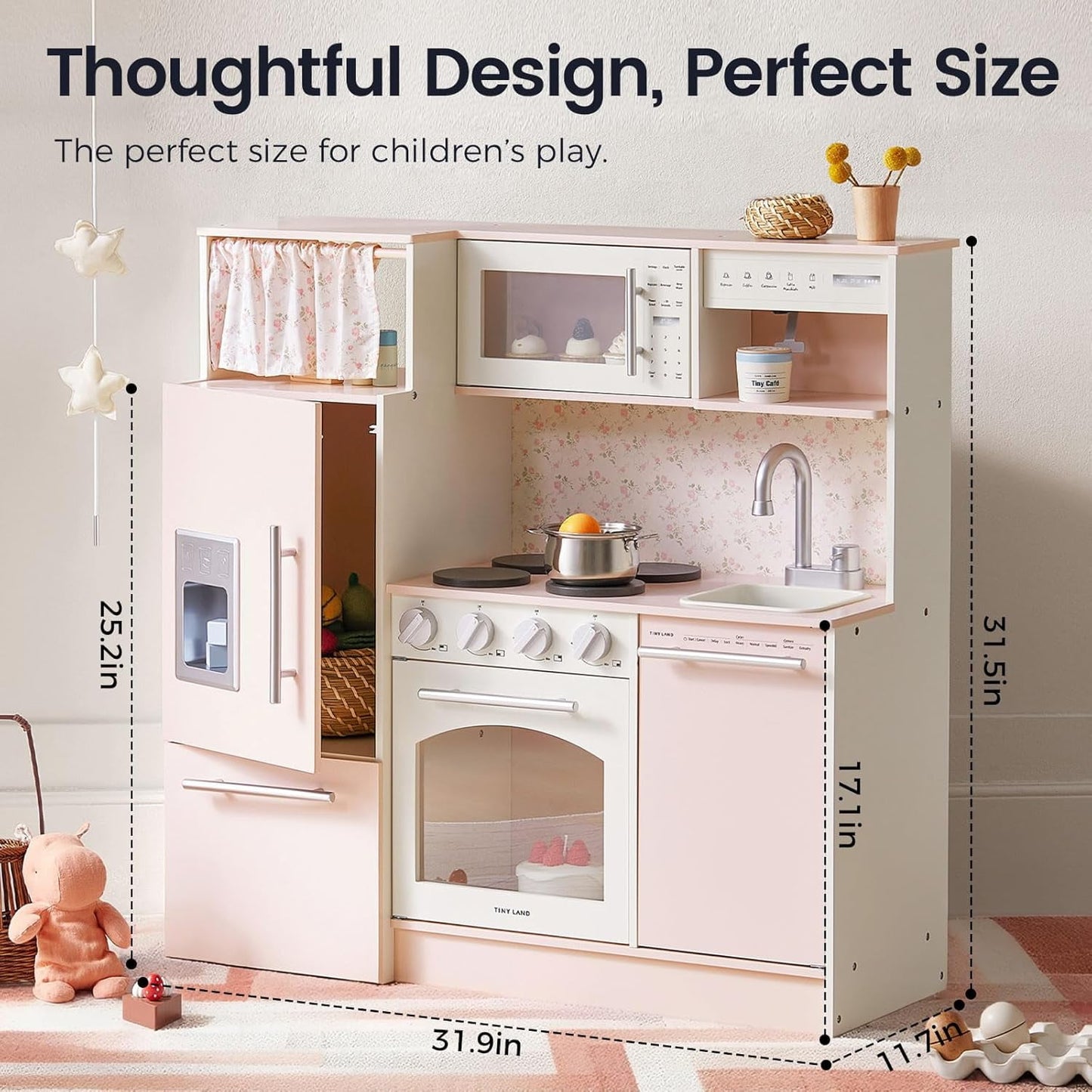 Track Seven Play Kitchen for Kids, Upgraded Wooden Kitchen Toy with Complete Play Areas, Pretend Cooking Set with Sink, Stove, Microwave, Toy Coffee Station & Storage for Kids Ages 3+, Pink